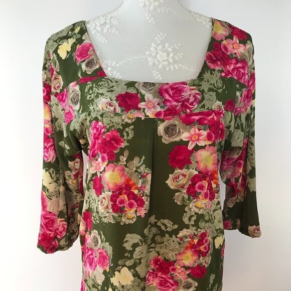 DKNY Long Colorful Tunic olive green/pink/yellow floral 3/4 sleeve square neck 6 - Picture 2 of 16